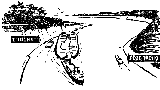Раскат буксируемых барж и путь маломерного судна при расхождении